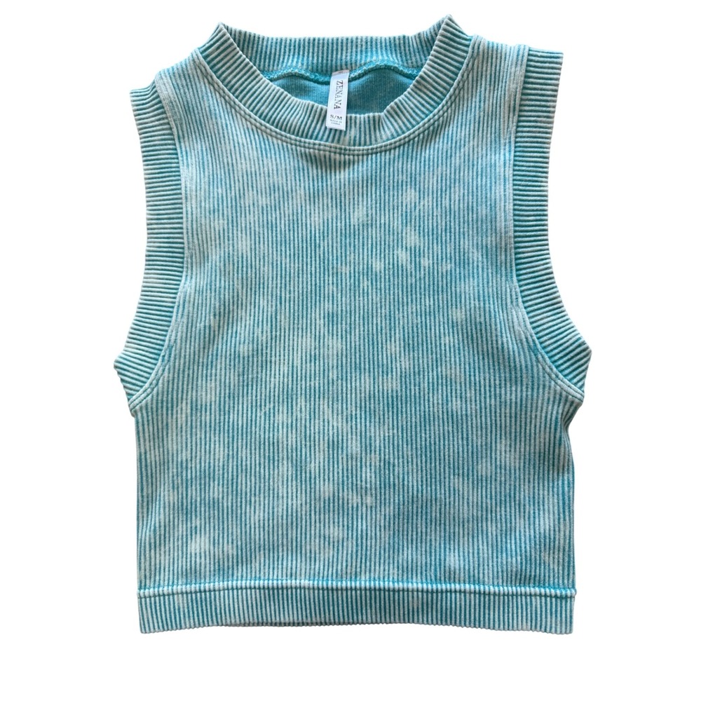 Zenana Crop Top Women S/M Turquoise Mineral Wash Ribbed Muscle Tank High Neck